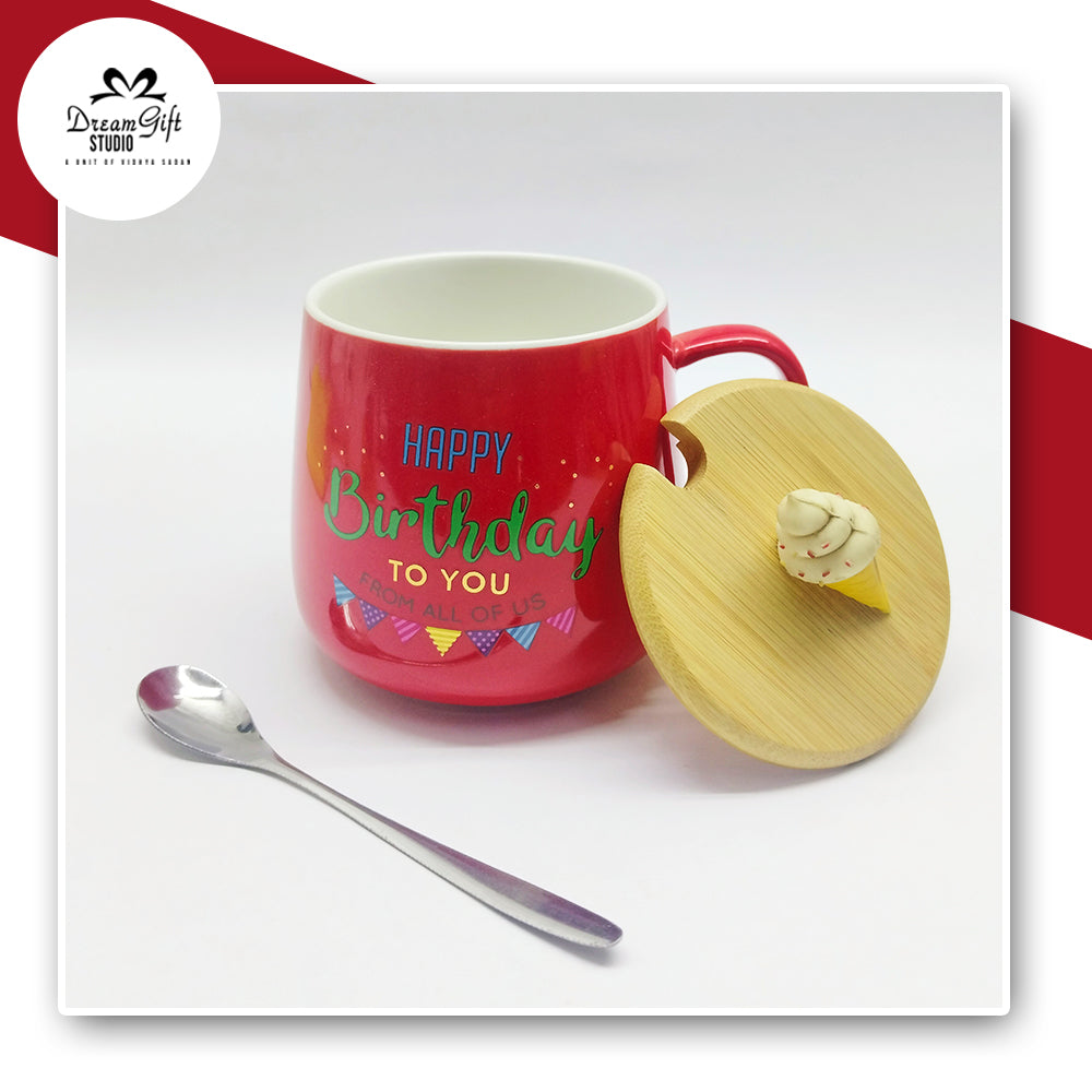 Festive Red Round Ceramic Mug with “Happy Birthday” Print, Cone-Topped Wooden Lid & Spoon