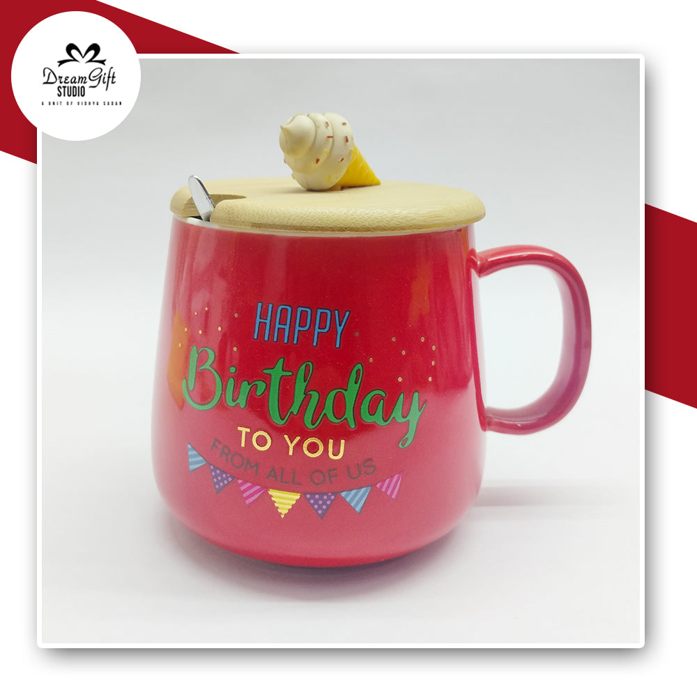 Festive Red Round Ceramic Mug with “Happy Birthday” Print, Cone-Topped Wooden Lid & Spoon