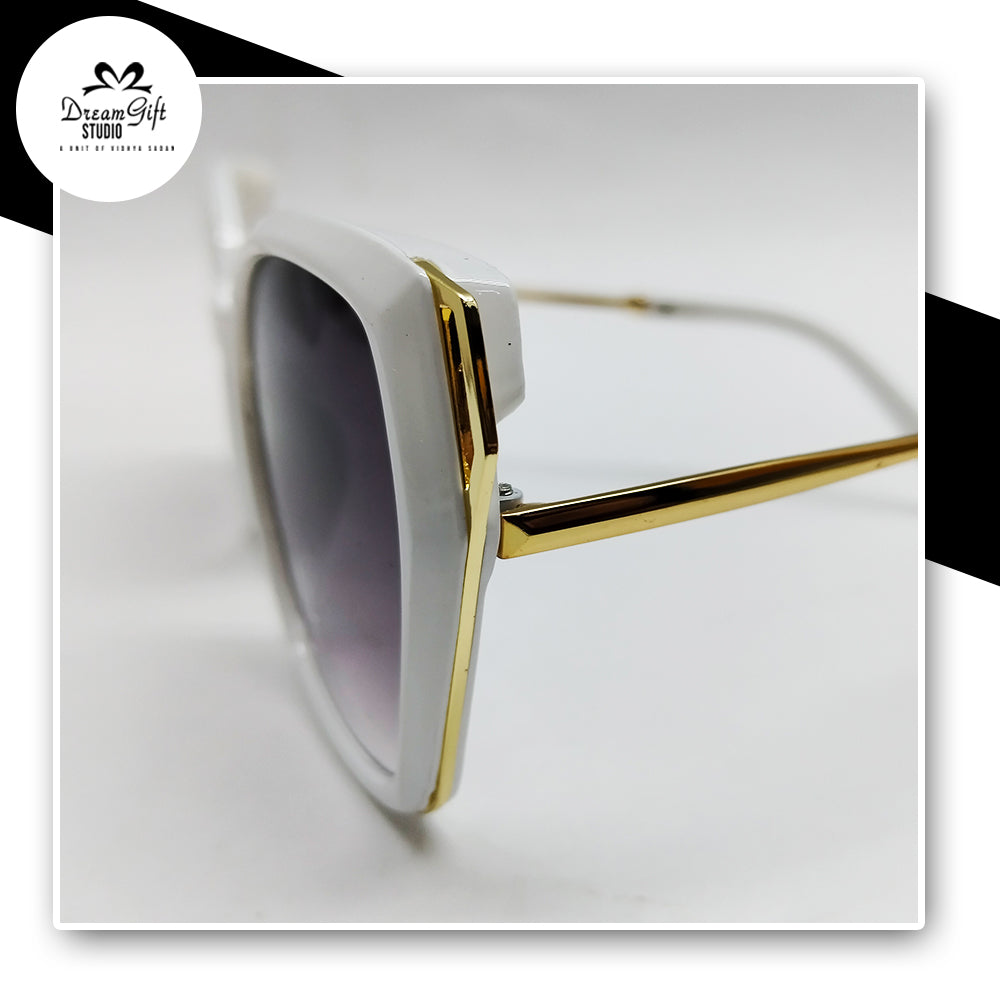 Square Sunglasses – White Frame with Gradient Black Lenses & Gold Accent Temples