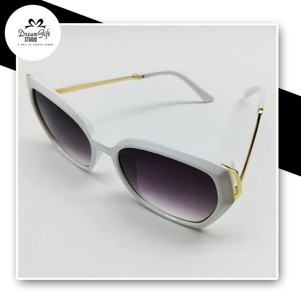 Square Sunglasses – White Frame with Gradient Black Lenses & Gold Accent Temples