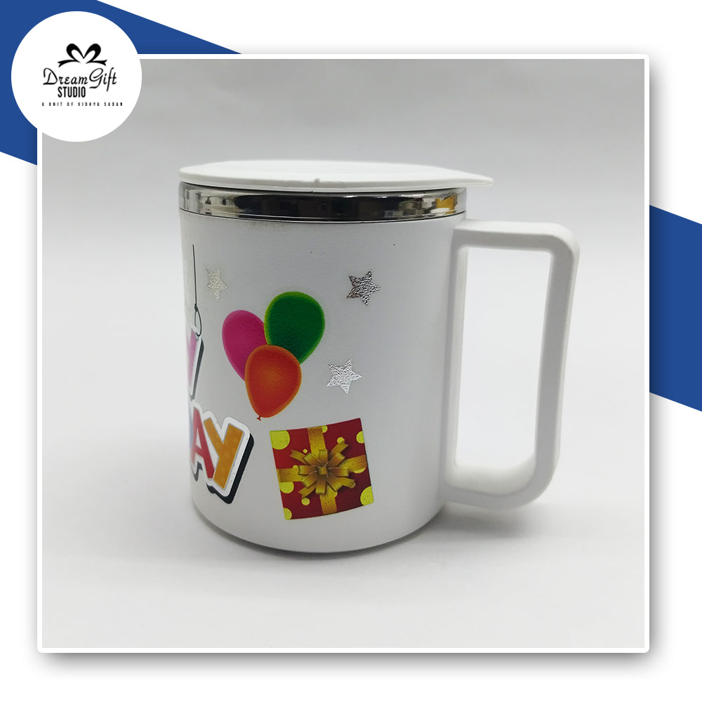 White Steel-Inner Mug with “Happy Birthday” Print & Closable Lid – Gift Ready