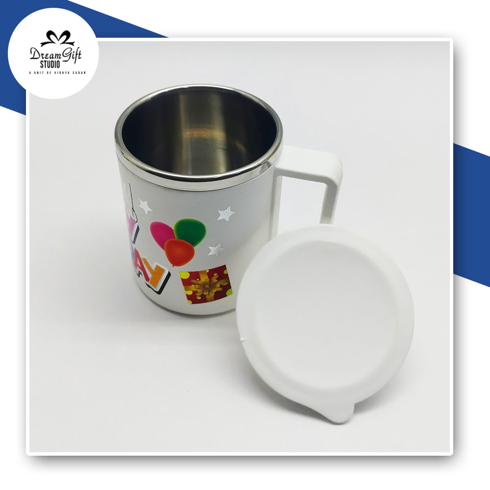White Steel-Inner Mug with “Happy Birthday” Print & Closable Lid – Gift Ready