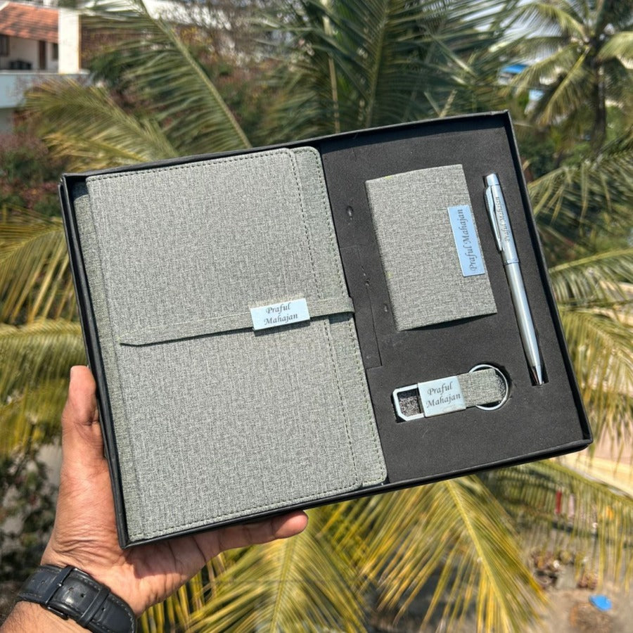 grey color name printed diary , pen , keychain and debit card holder corporate gift set