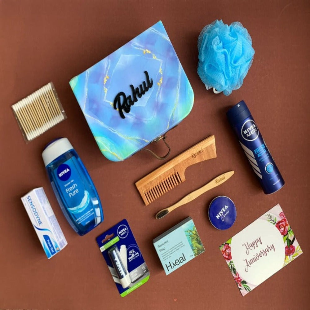 Mens grooming kit hamper customised including name printed box,showergel,lip balm,deodrant,loofah,cwooden comb,wooden brush