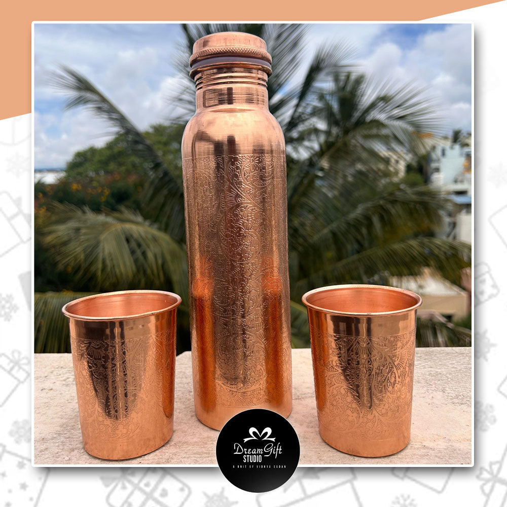 close up view of the contents with bottle and glass being placed on a shelf showing clearly how beautifully designed gift set it is