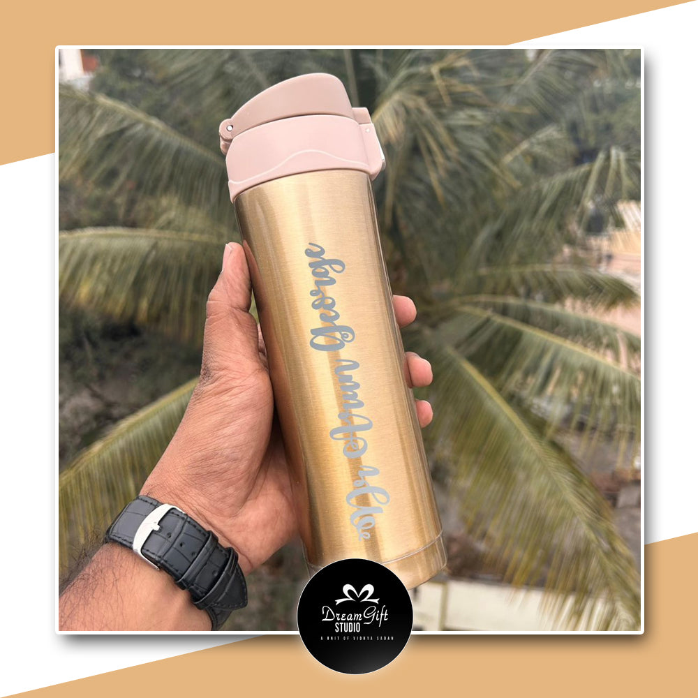 personalised name printed bottle in golden color