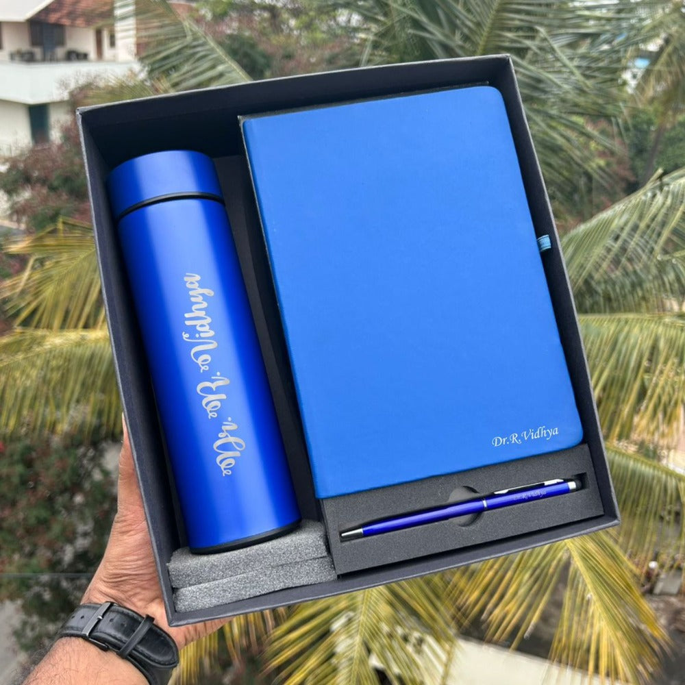 all blue personalized :bottle,name diary & name printed pen in black box