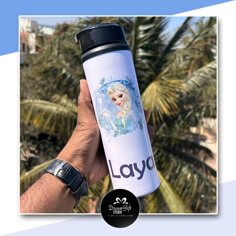 customised bottle for girlls with frozen character and name printed on it .