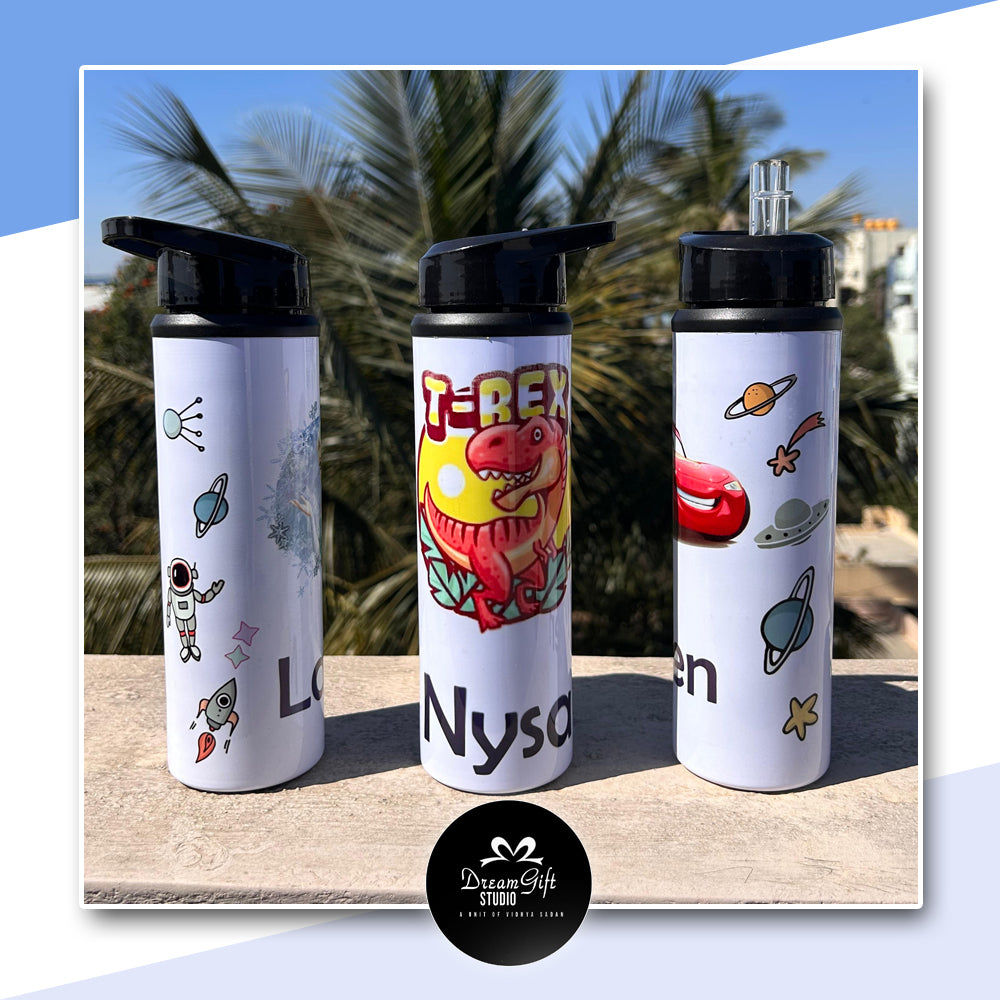customised kids bottle with cartoon and names of their choice and the picture shows 3 bottles with different characters and names printed on them