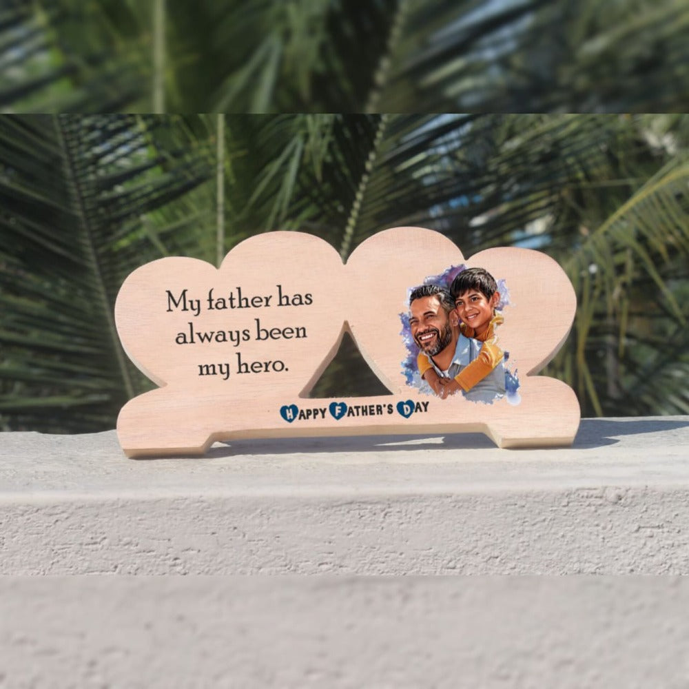 customised fathers day double heart wooden frame with customised photo & text printed on it