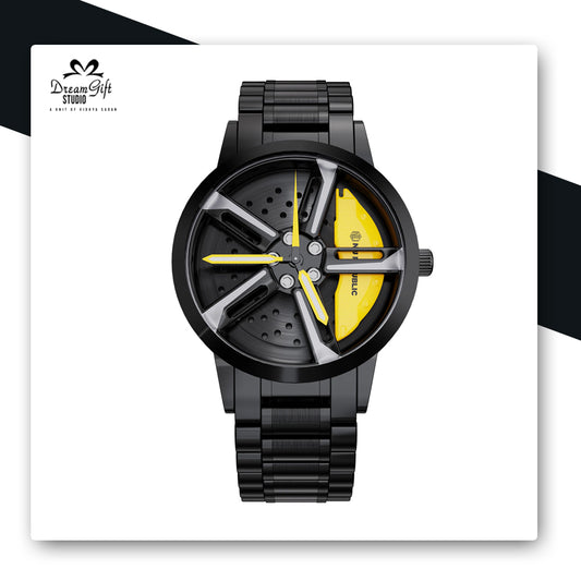 Black and Yellow Watch with Spoke-Style Dial and Metallic Bracelet With Spin Feature