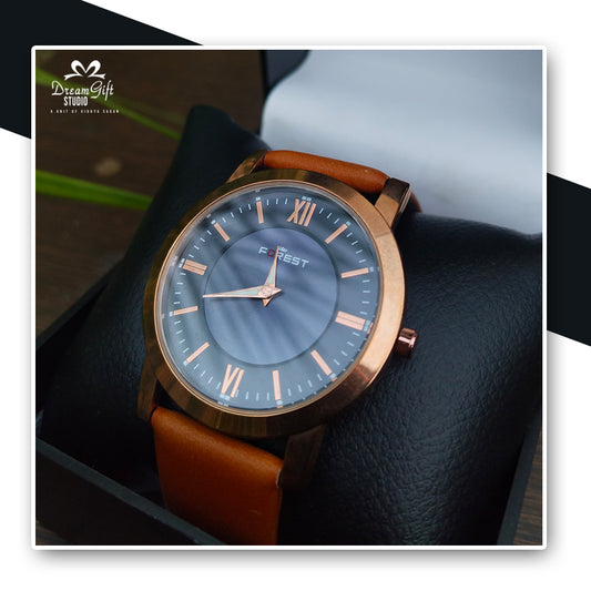 Forest Blue Dial Watch with Rose Gold Case and Roman Markers on Brown Leather Strap