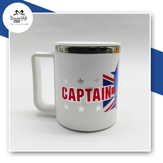 Captain America Themed Travel Mug — White  with Steel Interior & Lid