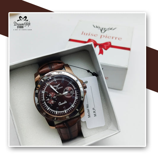 Luise Pierre Men's Watch – Rich Brown Dial with Dual Subdials and Matching Leather Strap