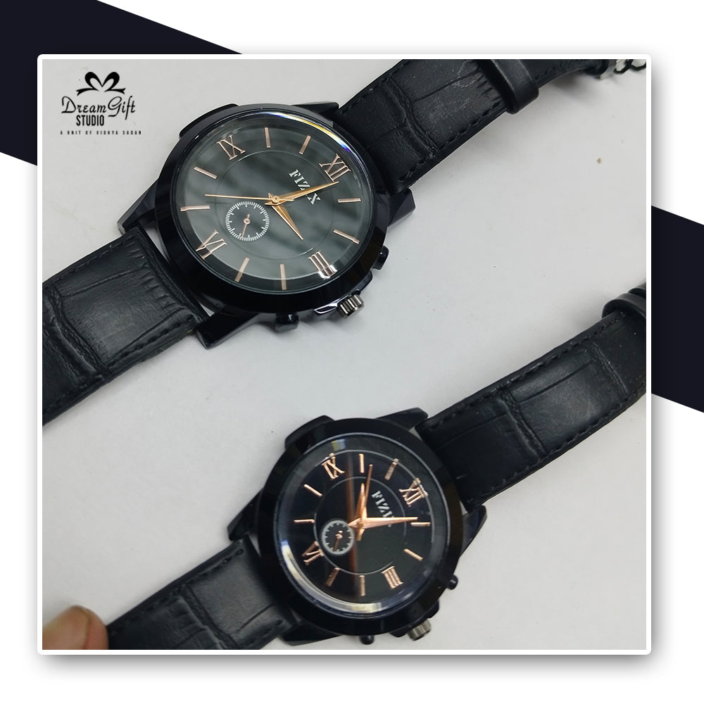 Classic Roman Dial Analog Watch Set – Elegant Black Leather Strap with Rose Gold Detailing