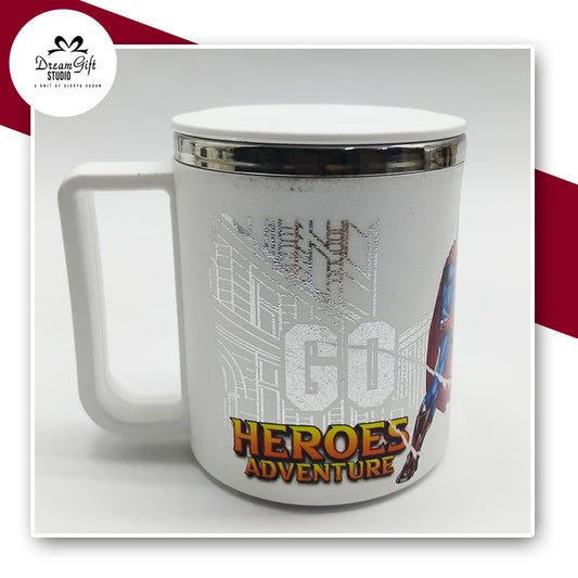 white Superhero Mug inner steel and lid