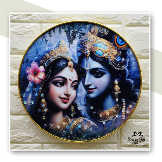 Radha Krishna Resin Art | 12×12 inches Round| Sleek Metal Frame