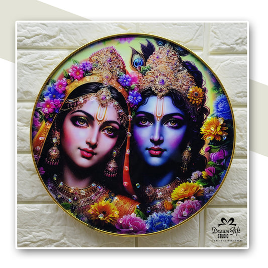 Radha Krishna Resin Art Multicolor | 12×12 inches Round| Sleek Metal Frame