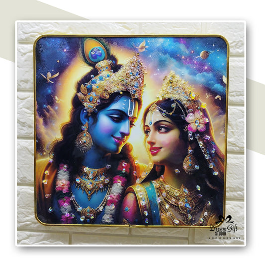 Divine Radha Krishna Resin Art Multicolor | 12×12 inches Square| Sleek Metal Golden Frame