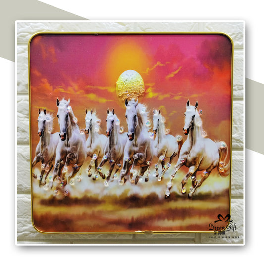 Vastu Glory – 7 Horses Resin Art | 12×12 inches Square | Gloss Finish with Crystal Bubbles