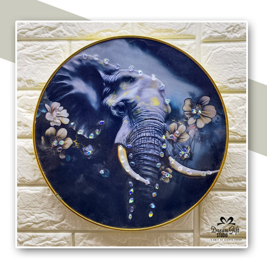 Elegant Elephant Resin Art | 12×12 inches Round | Sleek Metal Frame