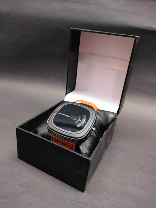 Futuristic Black Dial Watch with Layered Arcs and Premium Brown Leather Strap