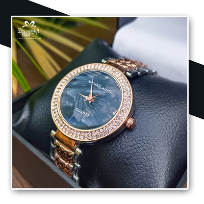 Michael kors style Gold & silver chain Black dial Studded premium wrist watch for her