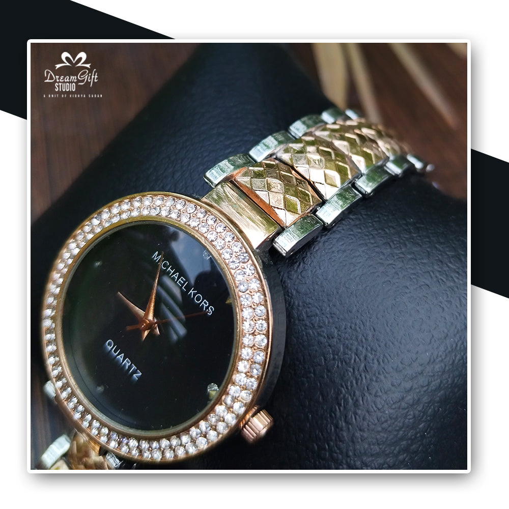 Michael kors style Gold & silver chain Black dial Studded premium wrist watch for her