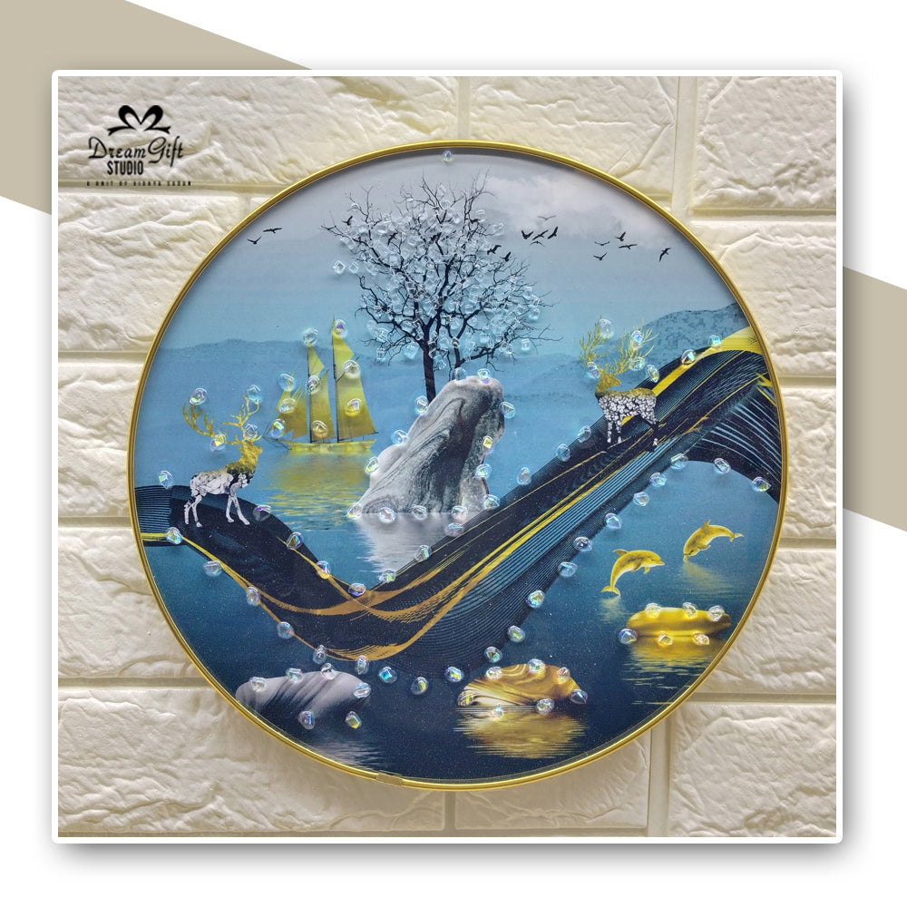 Modern Nature Round Resin Art | 12×12 inches | Sleek Metal Frame