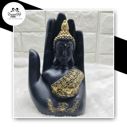Palm of Peace – Black & Gold Buddha Sculpture Carved in a Resin Palm