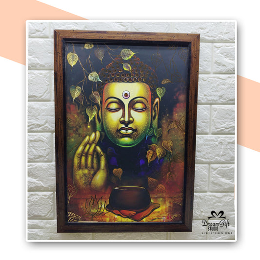 Golden Foil Serenity Buddha Wall Art  Brown Frame | 14×20 inches