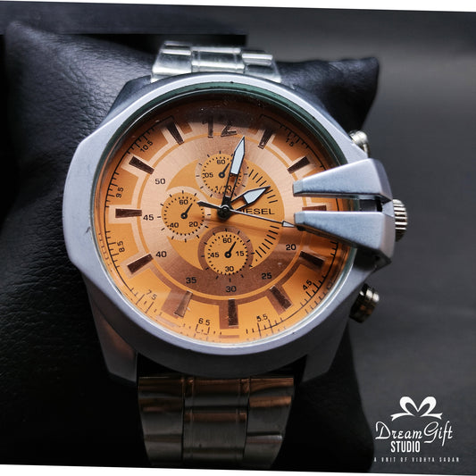 Bold Orange Dial Chronograph Watch with Silver Strap and Protective Crown Guard