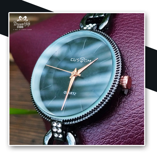Custom Fashion Watch - Modern Dial with Black Chain For Her