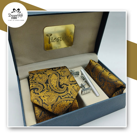 Tiesutra Premium Tie Gift Box : Black & Gold Luxe Tie Set with Accessories