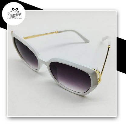 Square Sunglasses – White Frame with Gradient Black Lenses & Gold Accent Temples