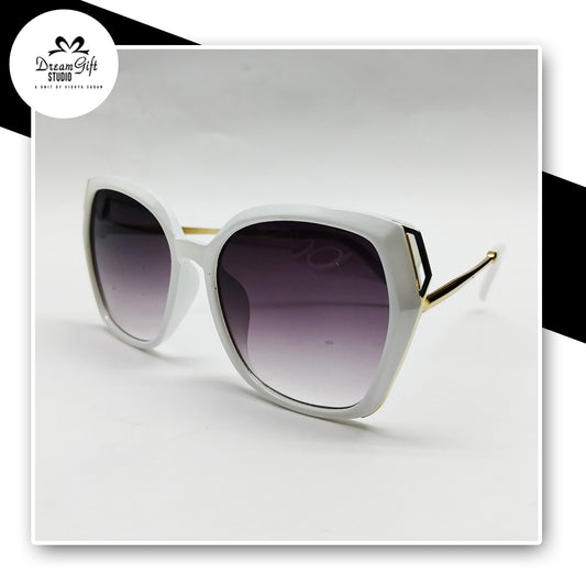 Square Sunglasses – White Frame with Gradient Black Lenses & Gold Accent Temples