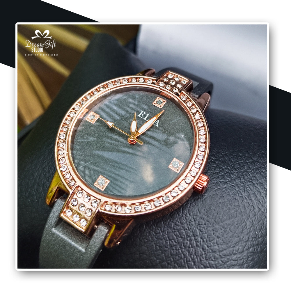 ELIA elegant round face with a black marbled dial watch