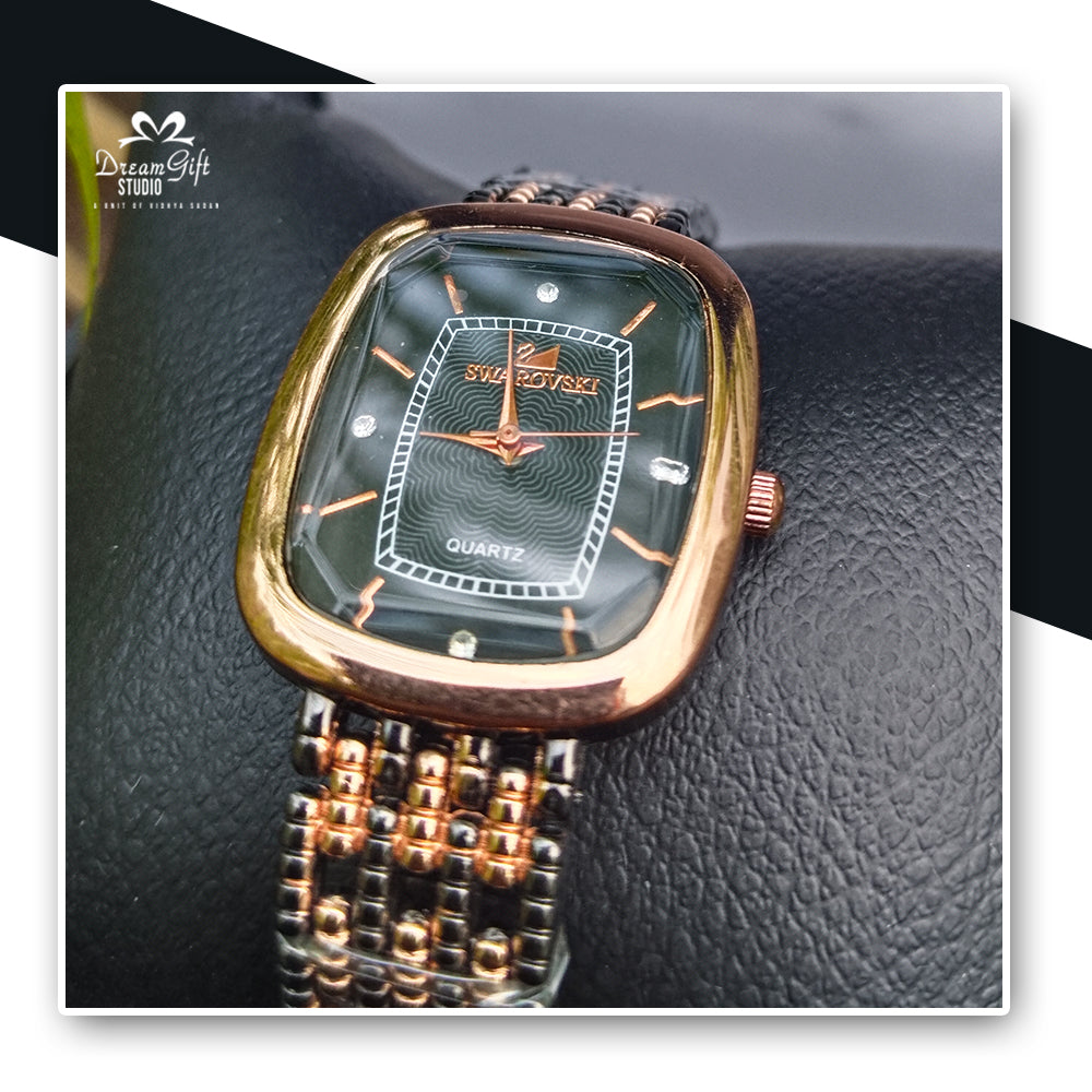Swarovski  Black Dial Watch with Diamond Markers & Dual-Tone Metal Strap