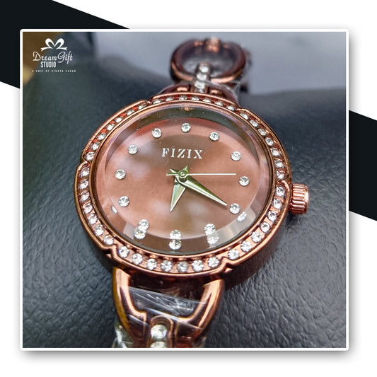 FIZIX  Women's Watch – Crystal-Studded Bezel with Elegant Brown Dial and Stone Hour Markers