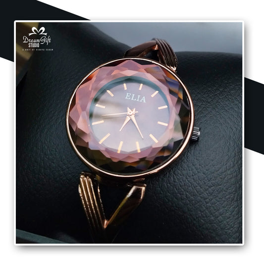 ELIA Designer Watch with Rose Gold Strap & Multicolor Faceted Glass Dial