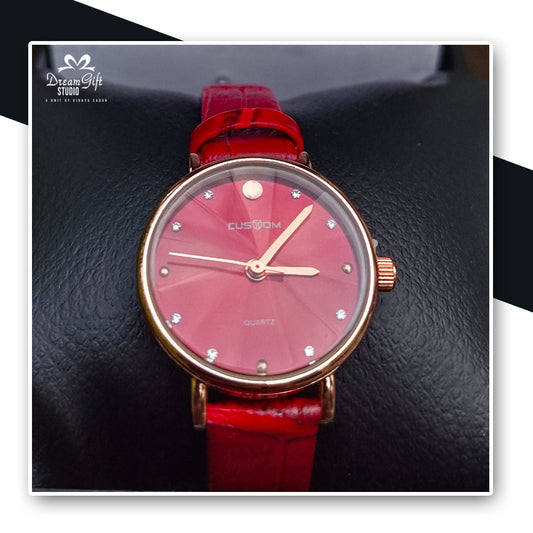 CUSTOM Quartz Watch with Red Leather Strap & Crystal Studded Dial