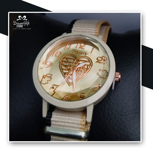 Forever Theme Quartz Watch with 3D Heart Dial & Dual-Tone Nylon Strap