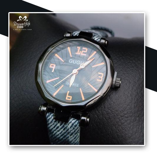Stylish GUGU Quartz Analog Watch with Unique Black Octagonal Dial & Blue Fabric Strap