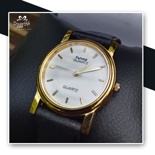 Classic HMT Quartz Watch with White Dial, Gold-Tone Case & Black Strap
