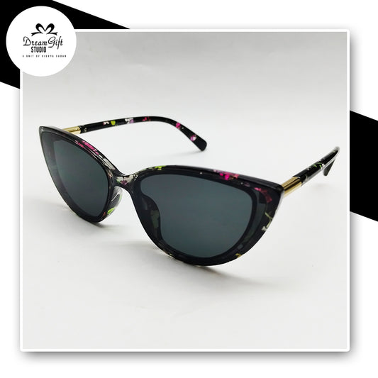 Stylish Black Cat-Eye Sunglasses with Multicolor Floral Print Frame & Dark Lenses