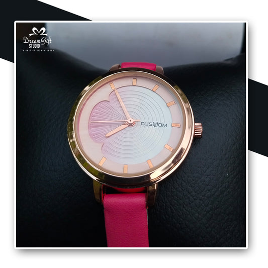 Elegant Custom Quartz Watch with Rose Gold Case & Pink Strap
