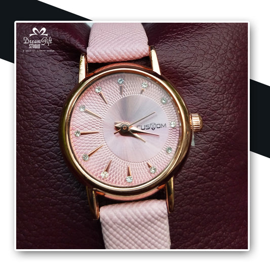 Classic Custom Quartz Watch with Diamond-Style Markers & Blush Pink Textured Strap