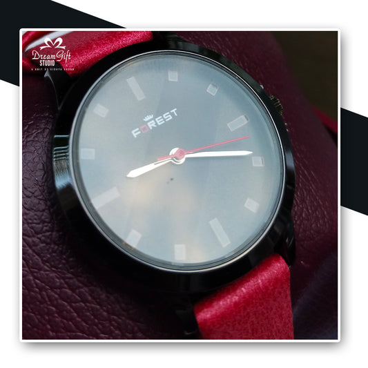 Sleek FOREST Watch with Red Leather Strap, Minimalist Black Dial & Silver Markers