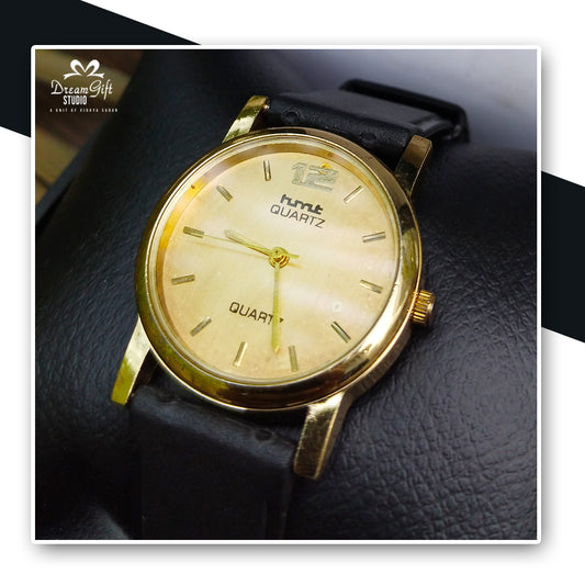 Classic HMT Quartz Analog Watch with Golden Dial, Sleek Black Strap & Vintage Charm