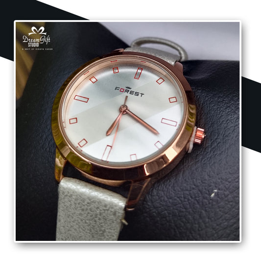 Elegant FOREST Rose Gold Watch with Dual-Tone Dial, Red Markers & Soft Grey Strap